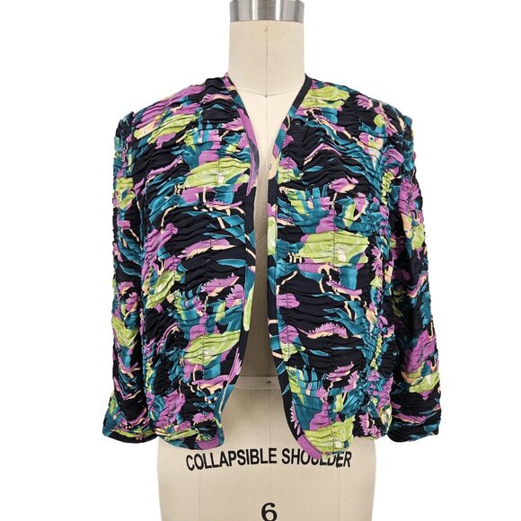 VTG Regina Kravitz Ruched Jacket Womens M Parrot Print Open Front Cropped Magnin - Picture 1 of 5